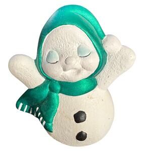 Vintage Ceramic Snowman Figurine Green Scarf Winter Christmas Decor 4"